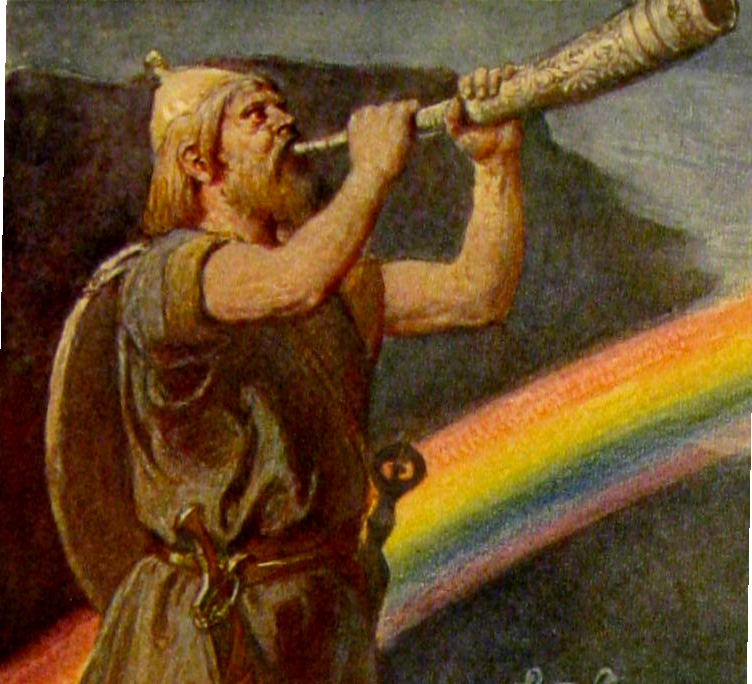 Heimdall blåser i Gjallarhornet vid himmelsbron Bifrost. Public domain.