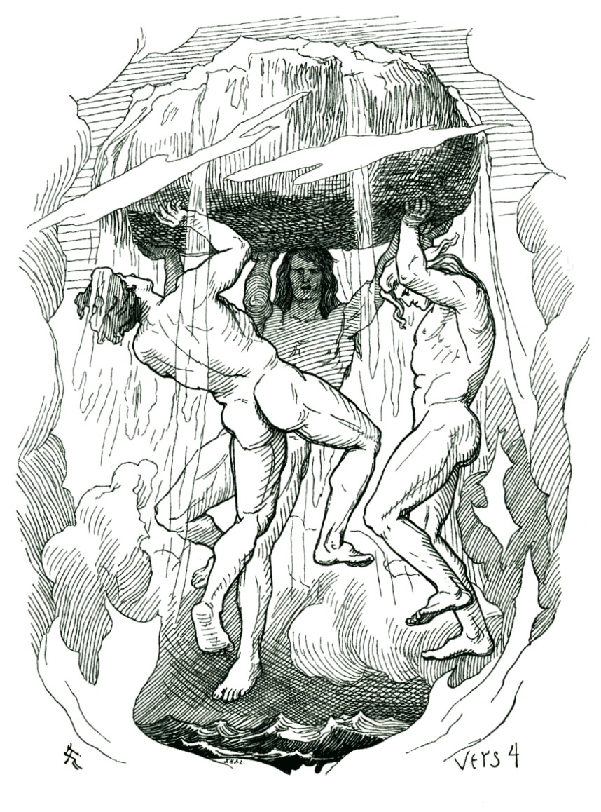 Lorenz Frølich (1820–1908), "Odin, Vili and Vé raise the body of Ymir", woodcut ca. 1895. Public domain.