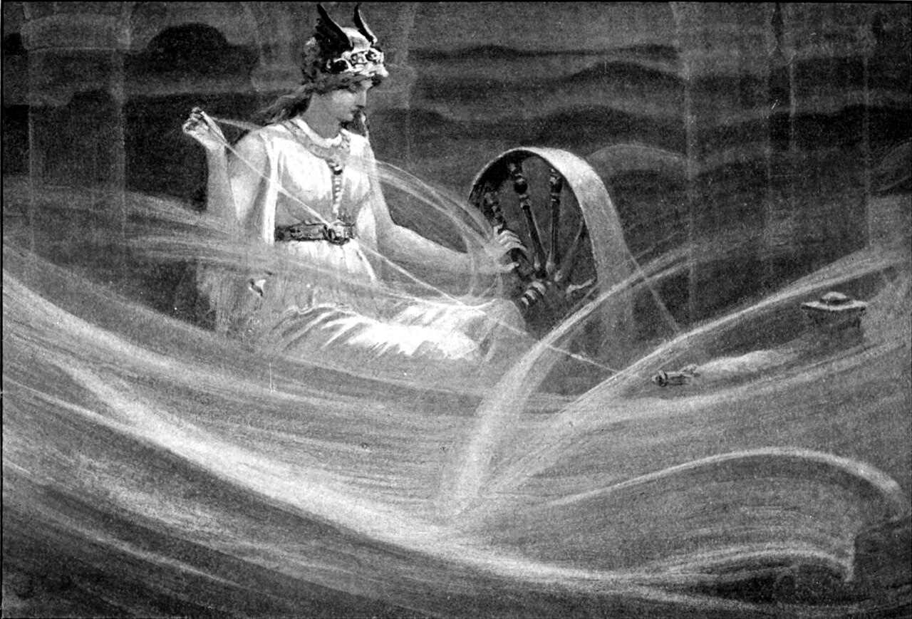 J.C. Dollman (1851-1934), "Frigga spinner molnen". Public domain.